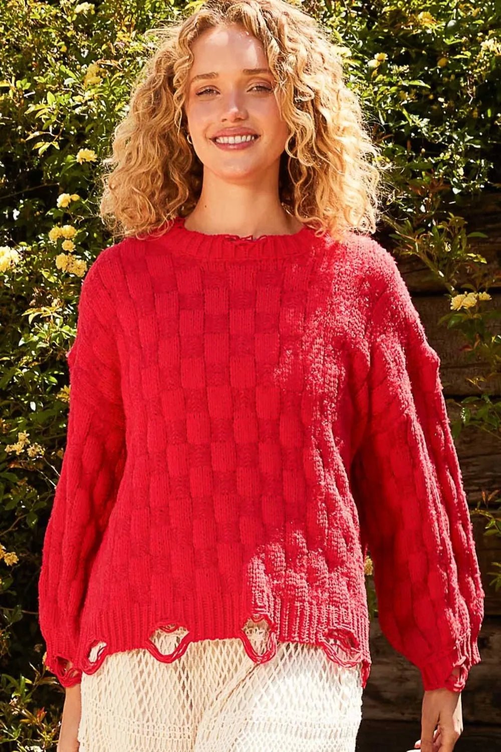 POL Checkered Distressed Edge Sweater - PBNJ FASHIONS