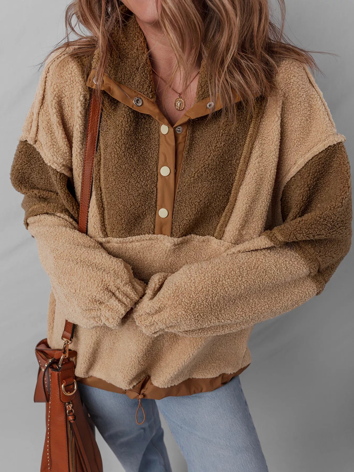 Color Block Patchwork Half Button Sherpa Sweatshirt - PBNJ FASHIONS