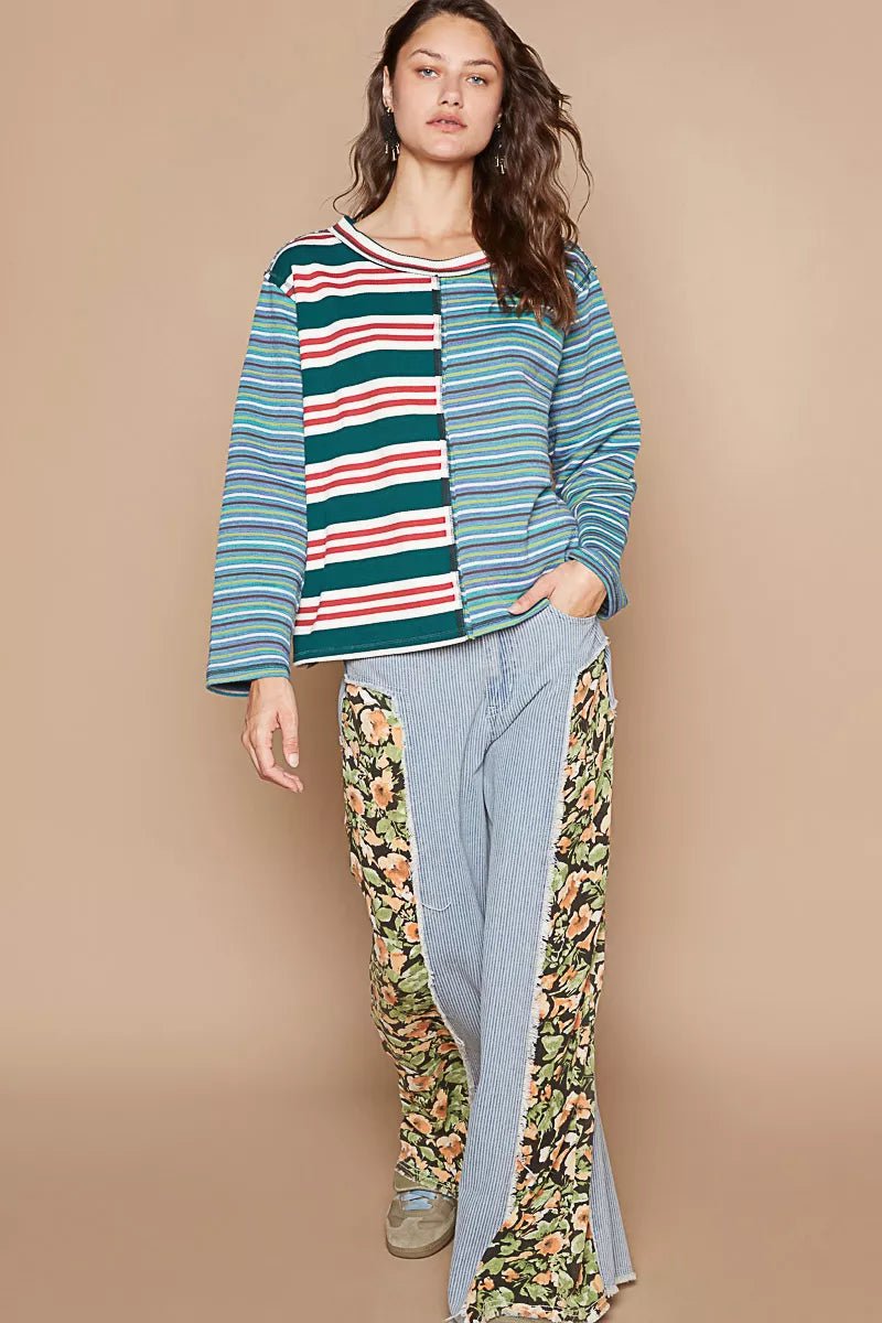 POL Color Block Striped Round Neck Long Sleeve T-Shirt - PBNJ FASHIONS