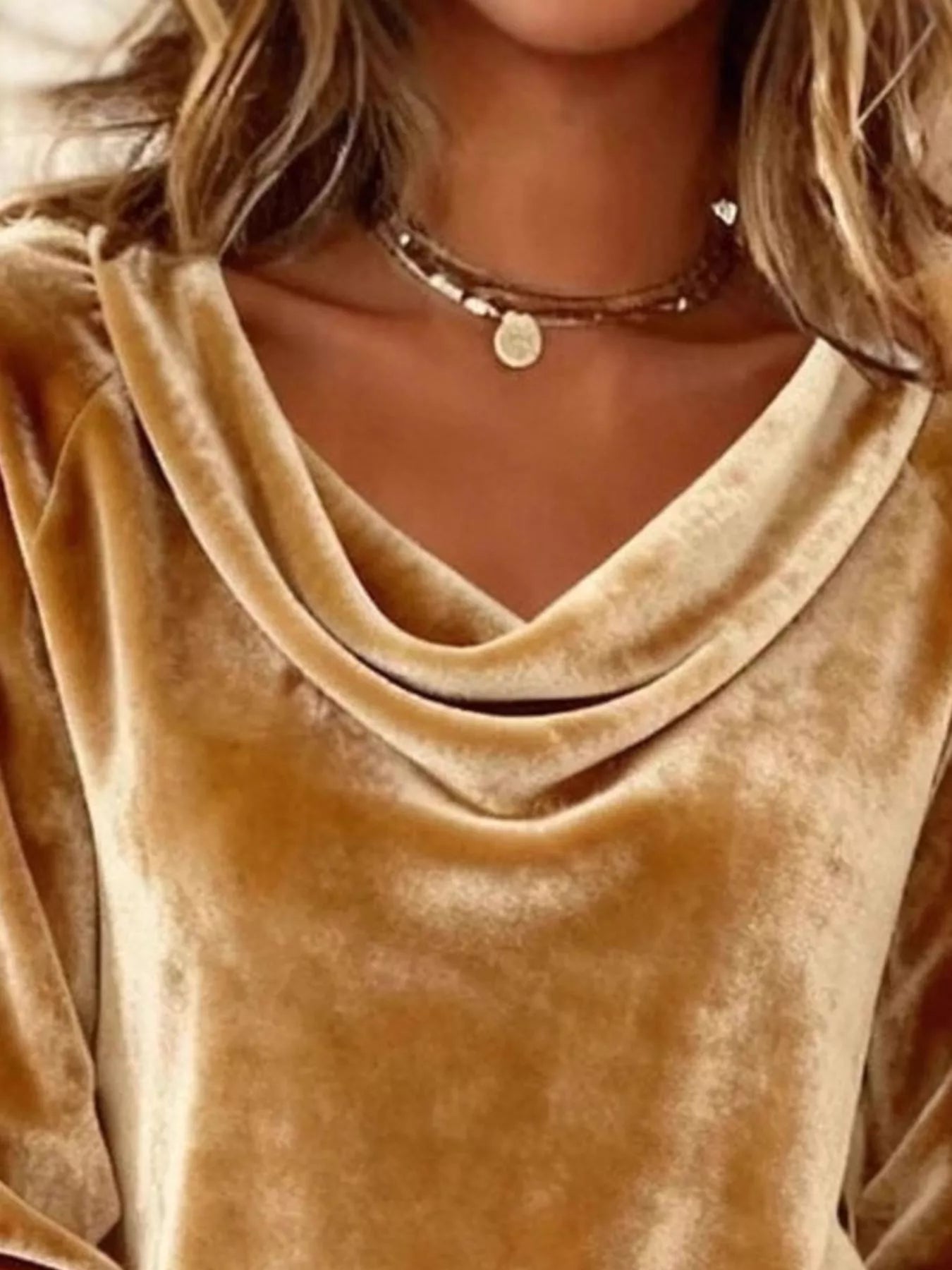 Velvet Cowl Neck Long Sleeve T-Shirt - PBNJ FASHIONS
