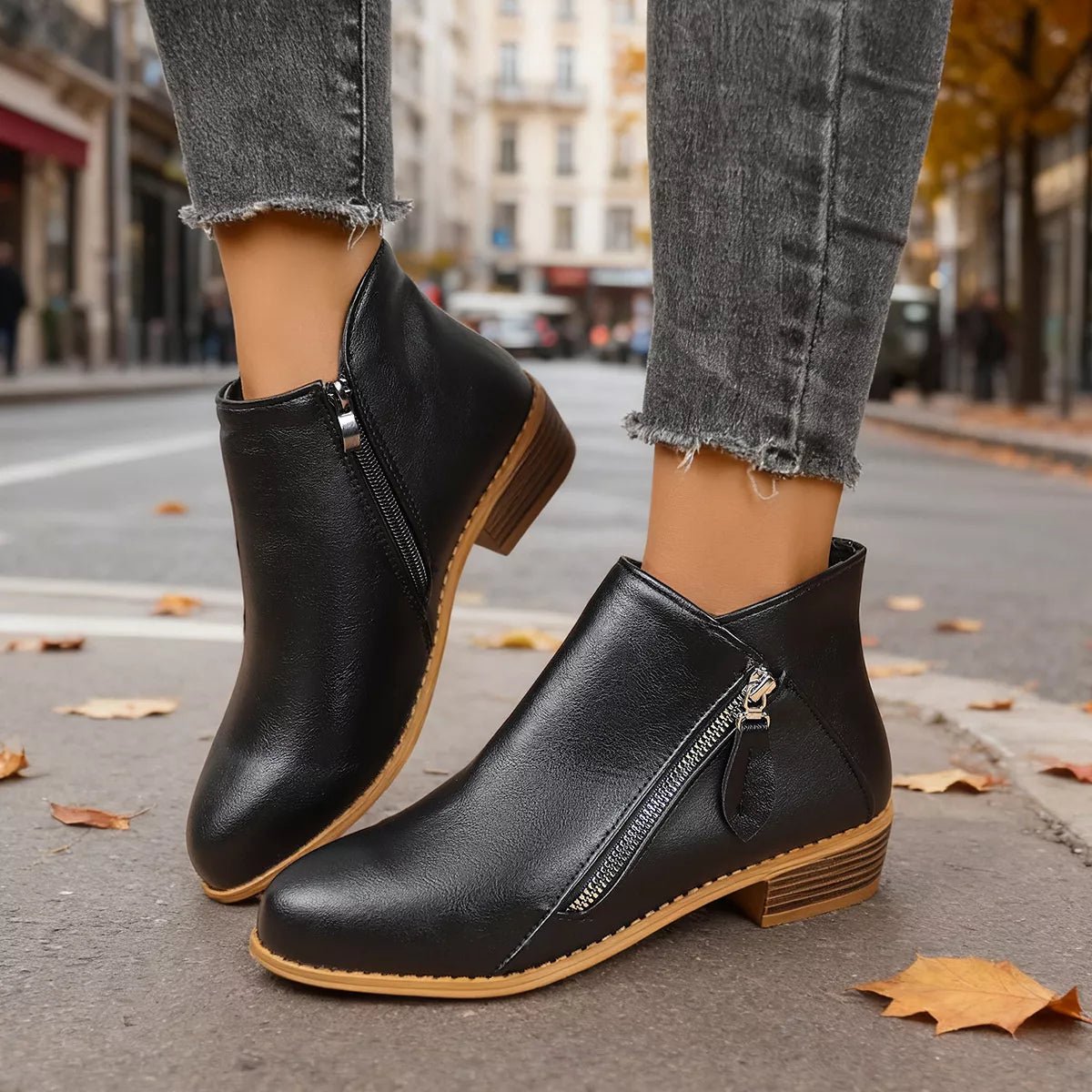 Chic Zip-Up Ankle Boots: Comfortable and Stylish with Block Heels for Effortless Fashion Statements - Black-36