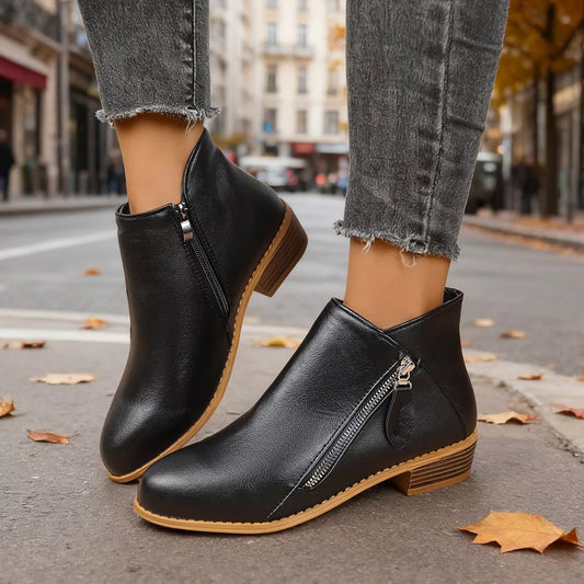 Chic Zip-Up Ankle Boots: Comfortable and Stylish with Block Heels for Effortless Fashion Statements - Black-36