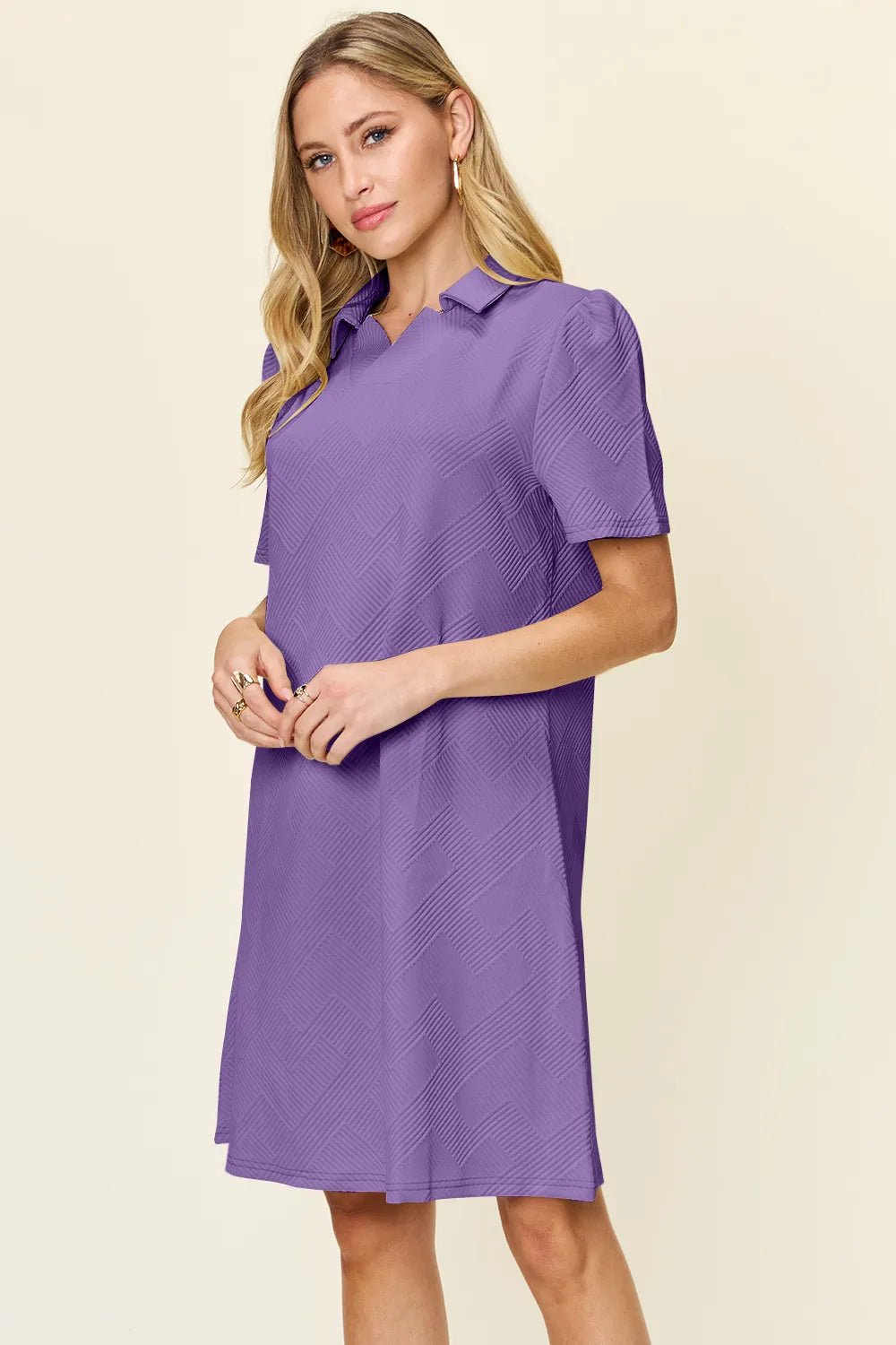 Double Take Full Size Texture Collared Neck Short Sleeve Dress - PBNJ FASHIONS