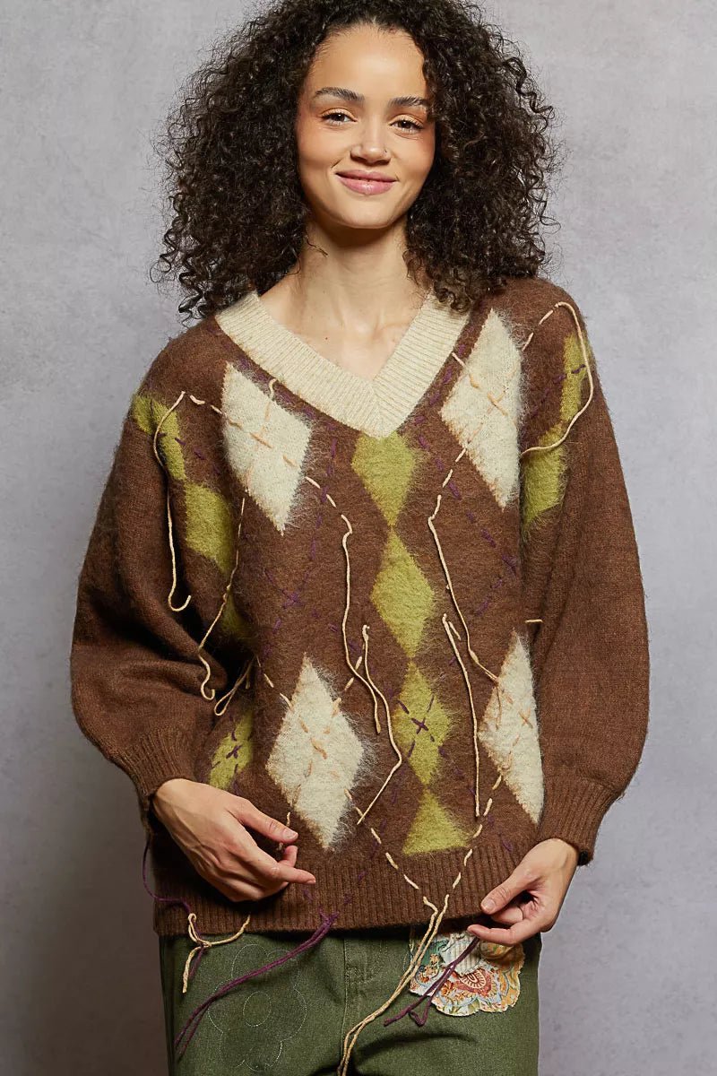 POL V - Neck Argyle Pattern Mohair Sweater with Contrast Exposed Stitch Detail - PBNJ FASHIONS