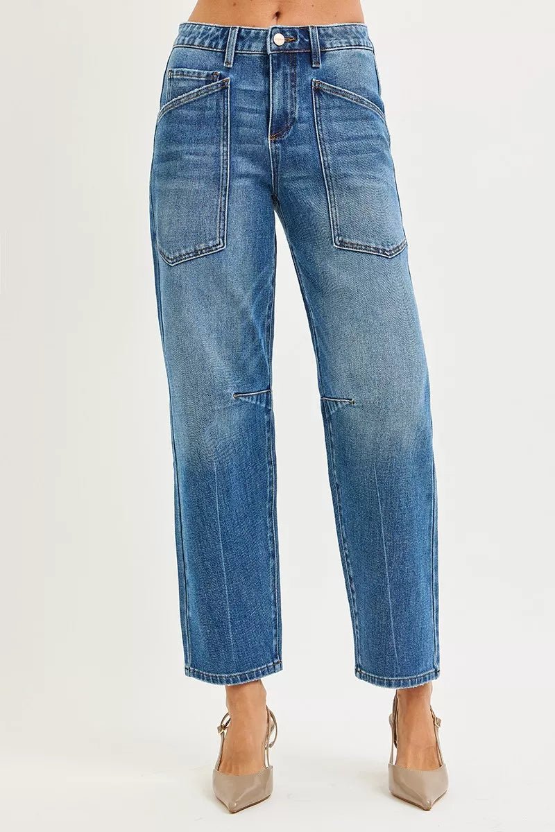 RISEN 4 Way Stretch Mid Rise Barrel Jeans with Patch Pocket Detail - PBNJ FASHIONS