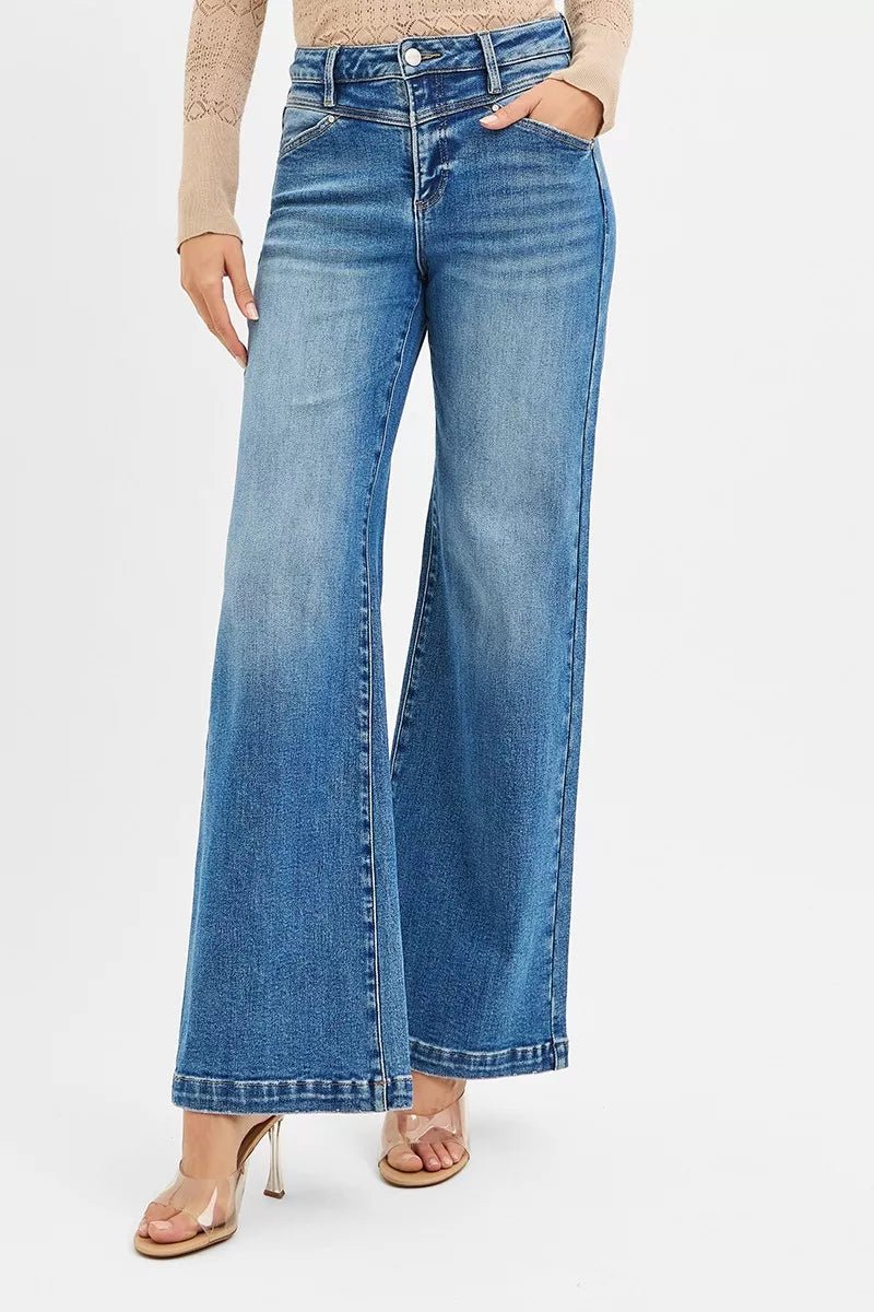 RISEN High Rise Wide Leg Jenas with Front Yoke and Heart Back Pocket - PBNJ FASHIONS