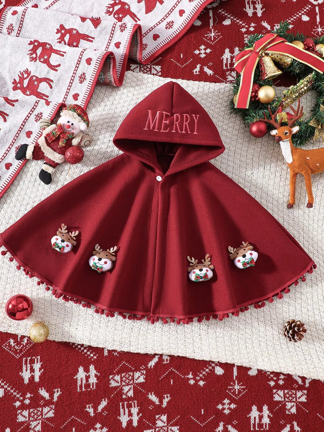 Children's Reindeer Embroidered Christmas Cape Outerwear - PBNJ FASHIONS