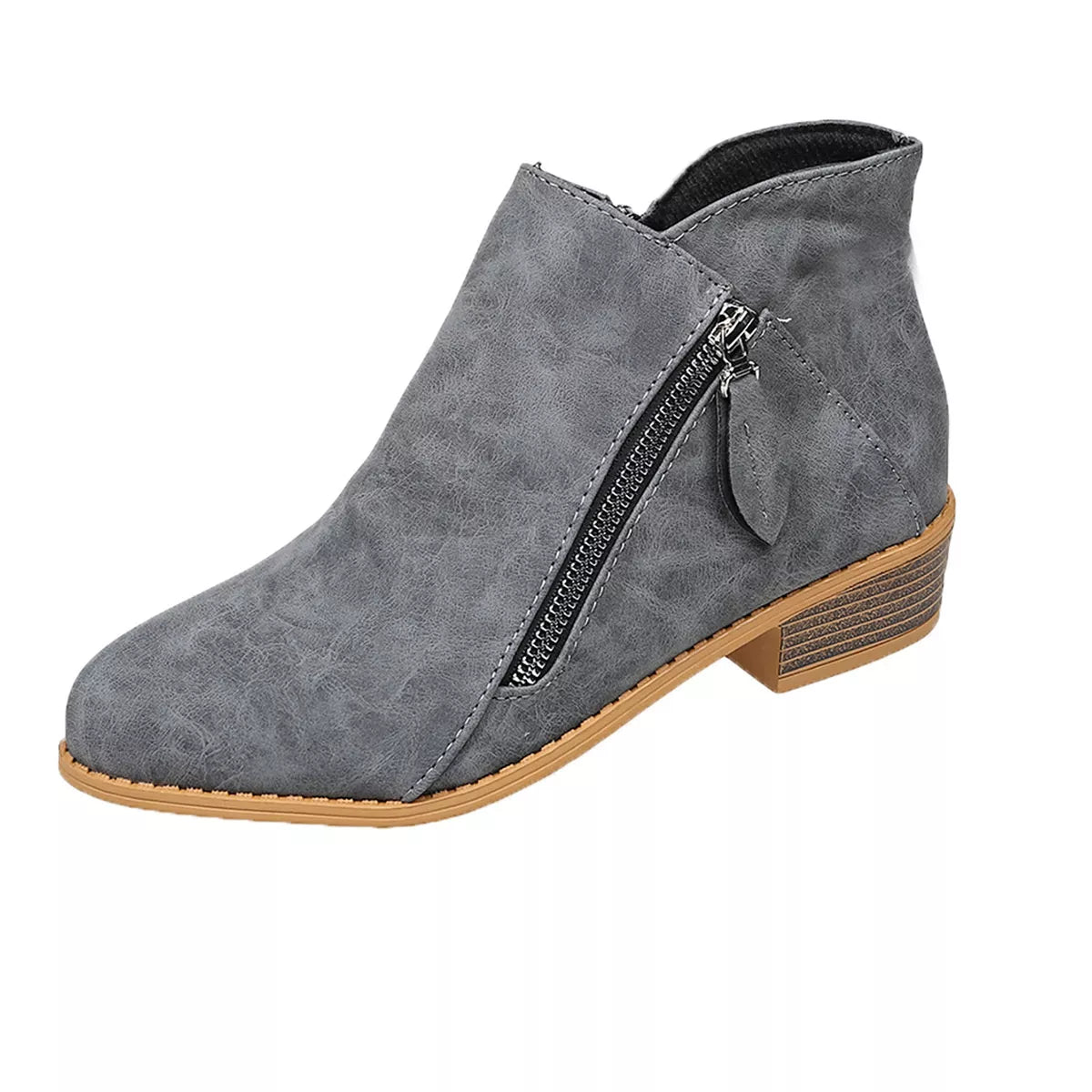 Chic Zip-Up Ankle Boots: Comfortable and Stylish with Block Heels for Effortless Fashion Statements - Gray-36