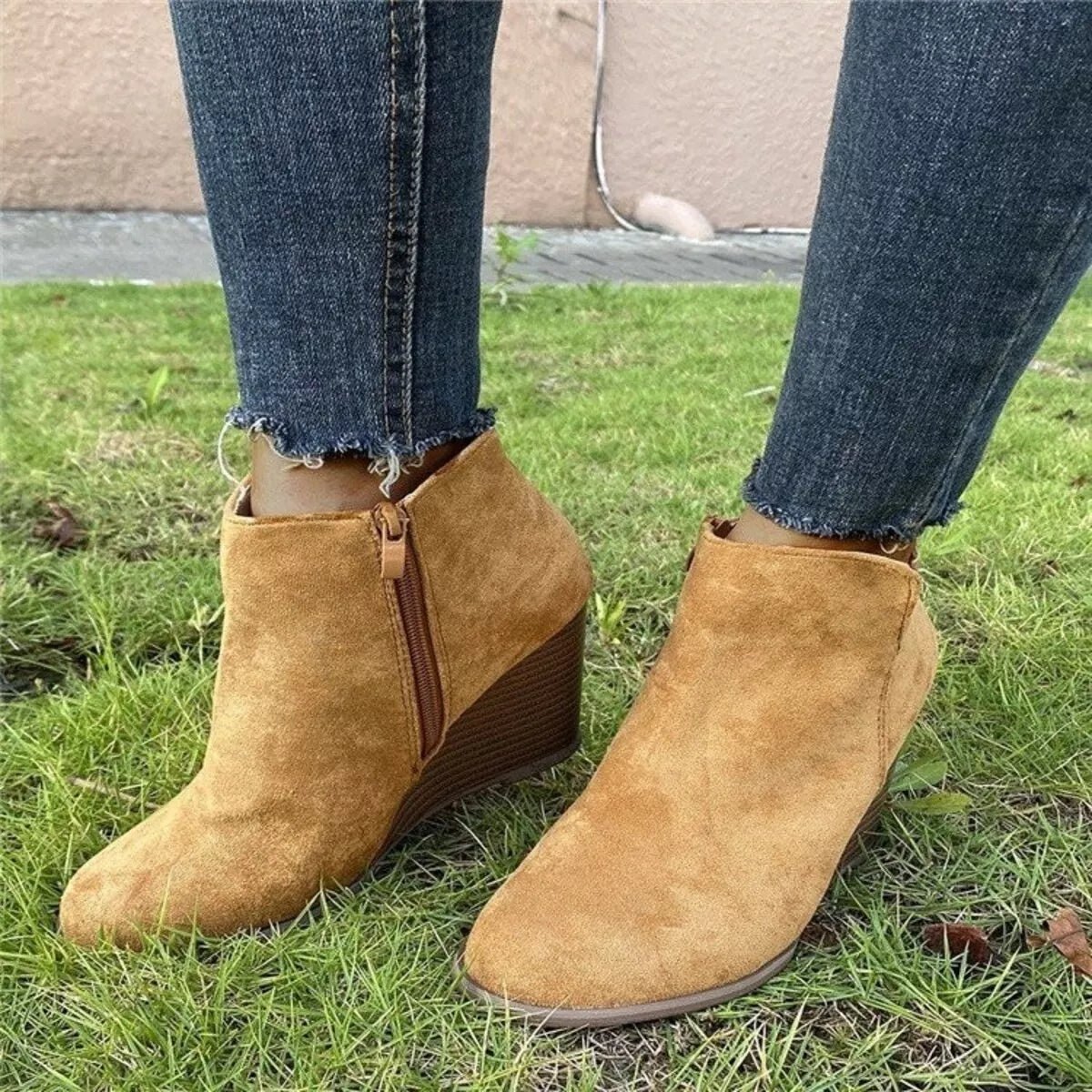 Side Zipper Wedge Boots - Heel Suede Shoes, Sizes US 5-11 - PBNJ FASHIONS