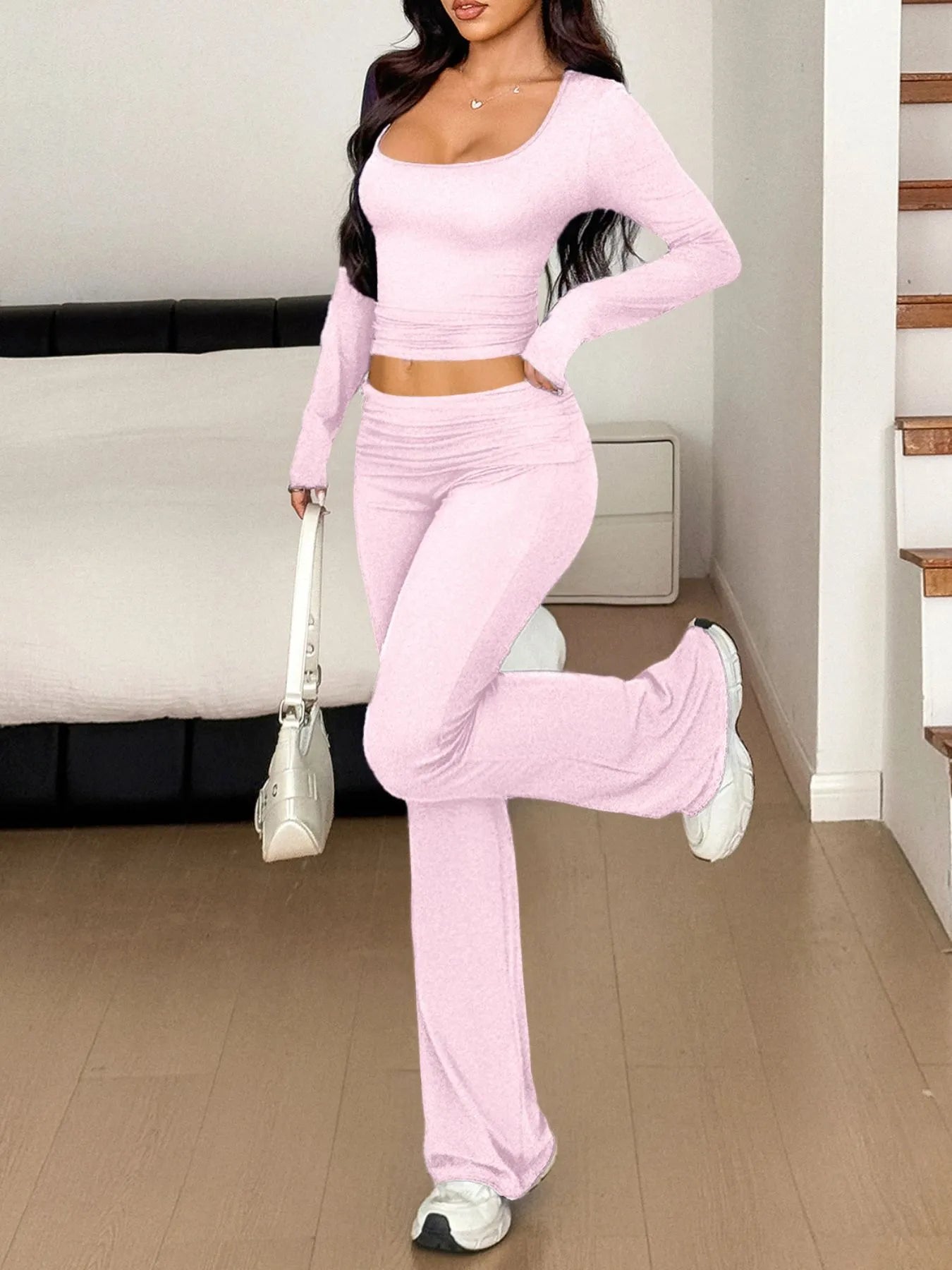 Long Sleeve Crop Top and Bootcut Pants Set - PBNJ FASHIONS