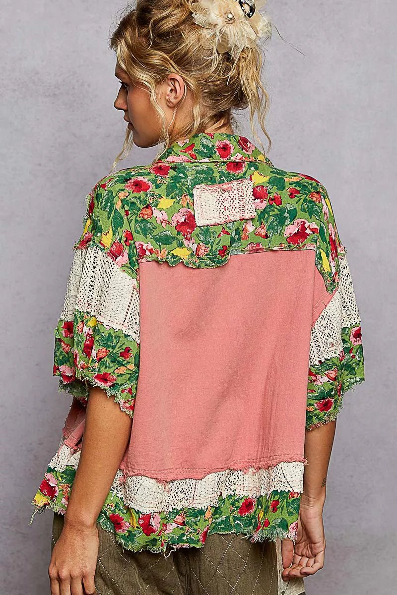 POL Lace Patch Floral Half Sleeve Shacket - PBNJ FASHIONS
