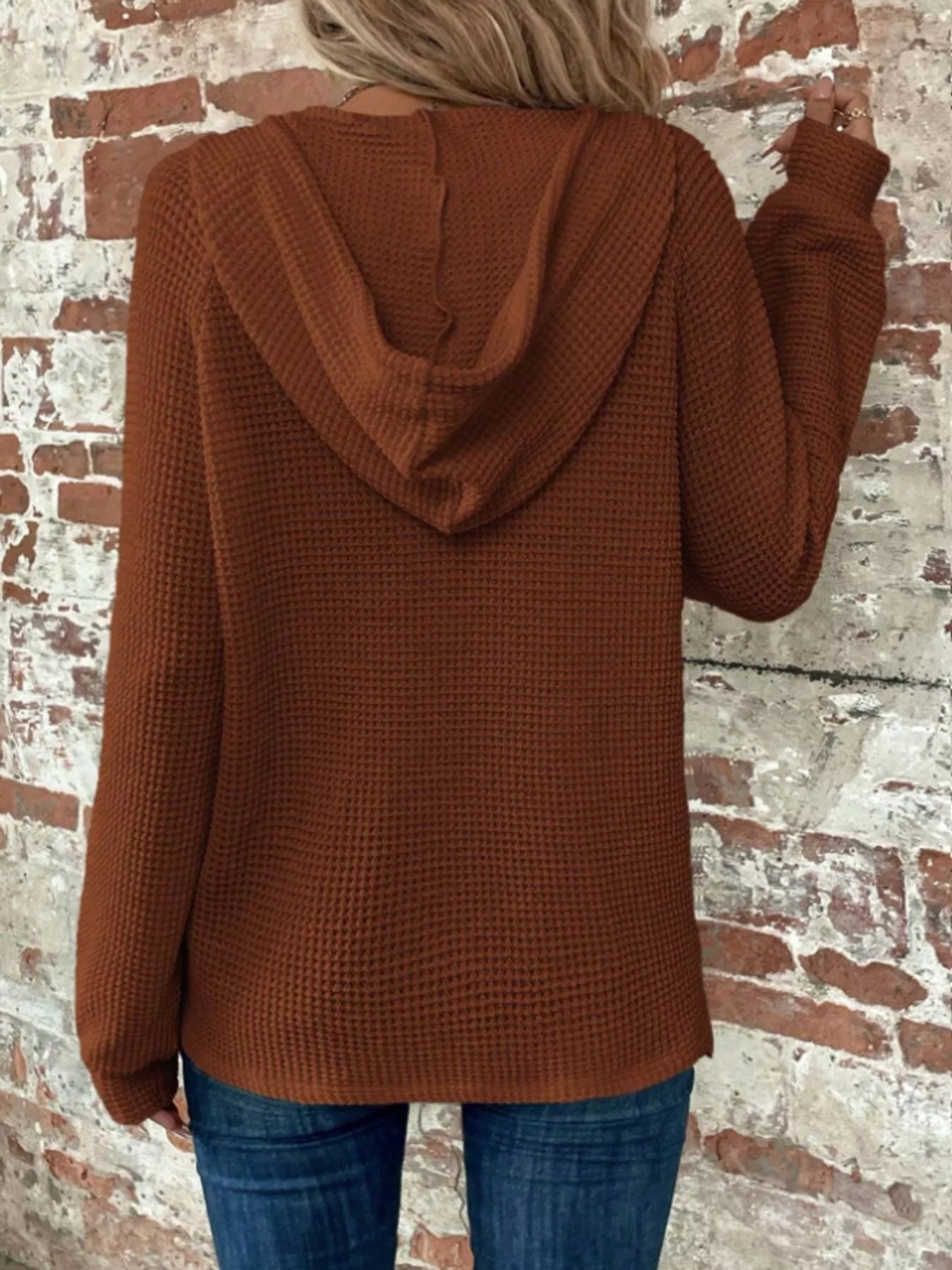 Waffle Knit Button Detail Hoodie - PBNJ FASHIONS