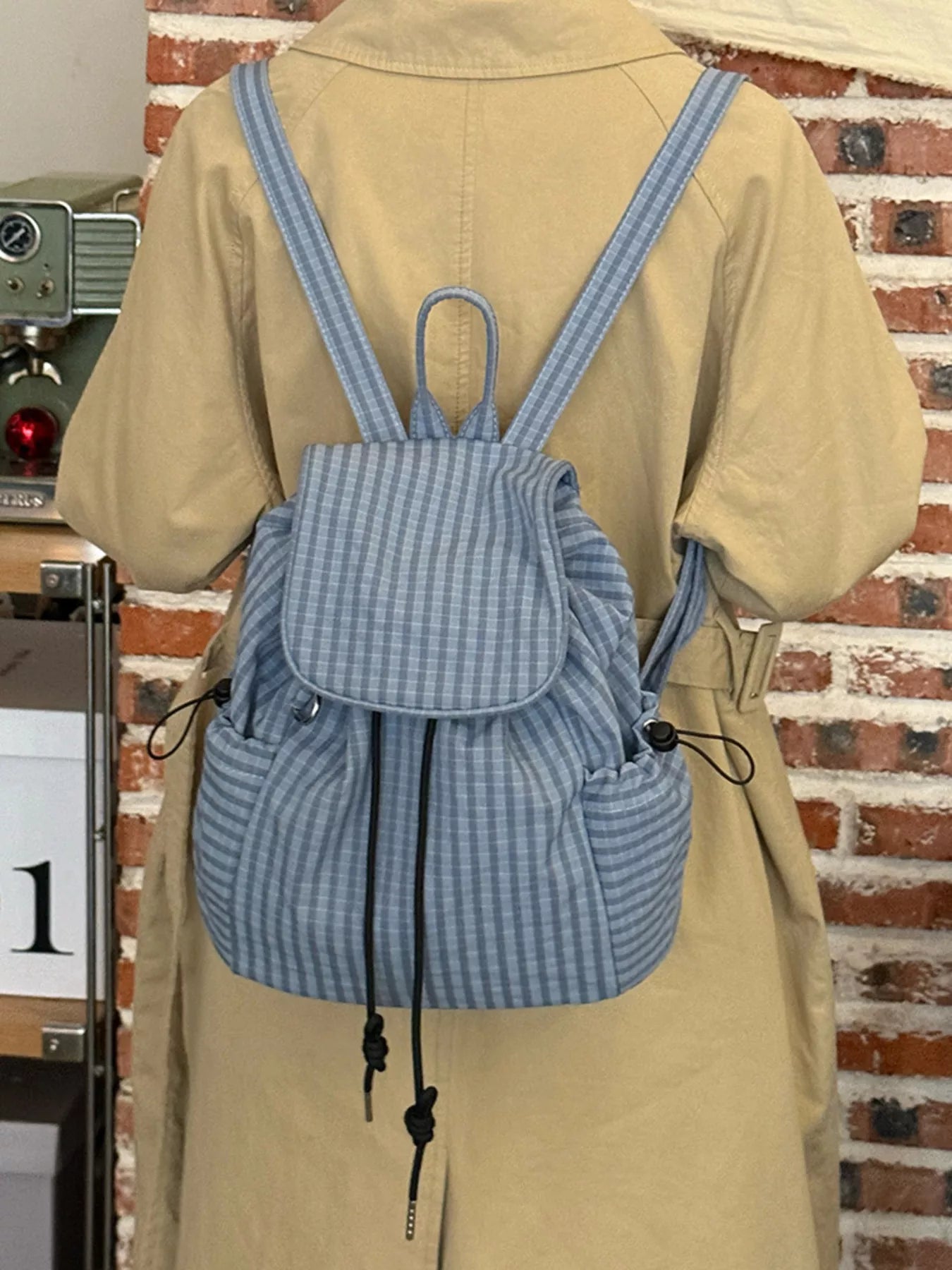 Plaid Drawstring Closure Backpack Bag - PBNJ FASHIONS