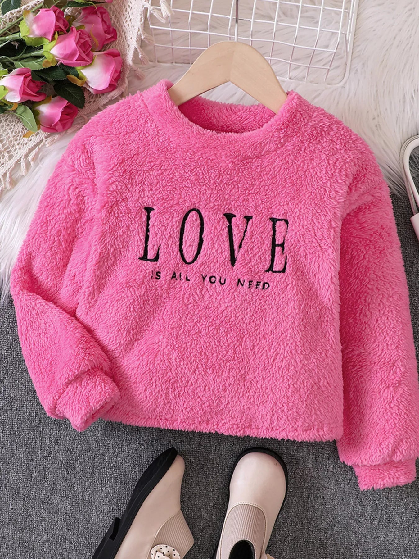 Children's Love Round Neck Fuzzy Sweatshirt - PBNJ FASHIONS