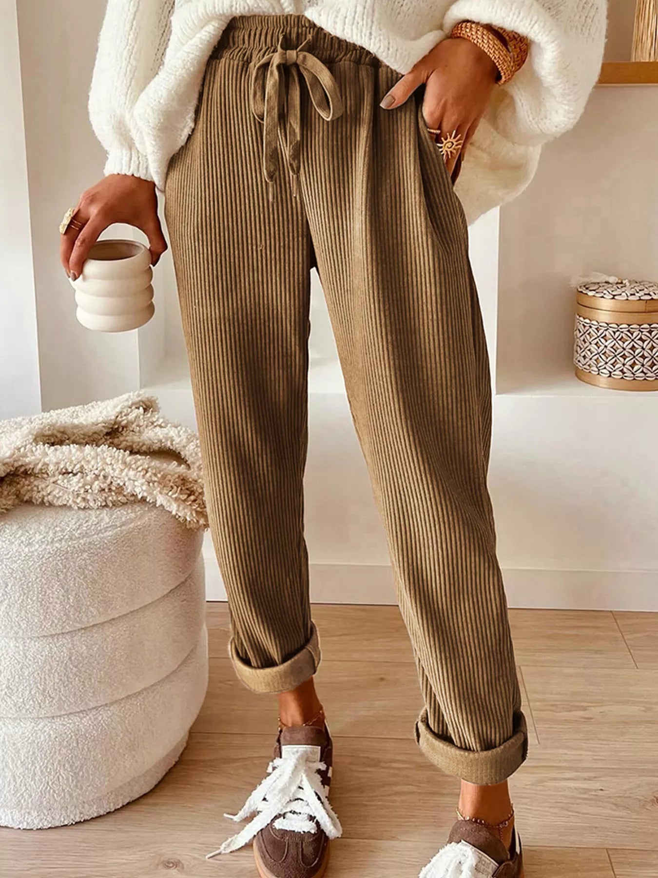 Casual Corduroy Drawstring Waist Pants - PBNJ FASHIONS