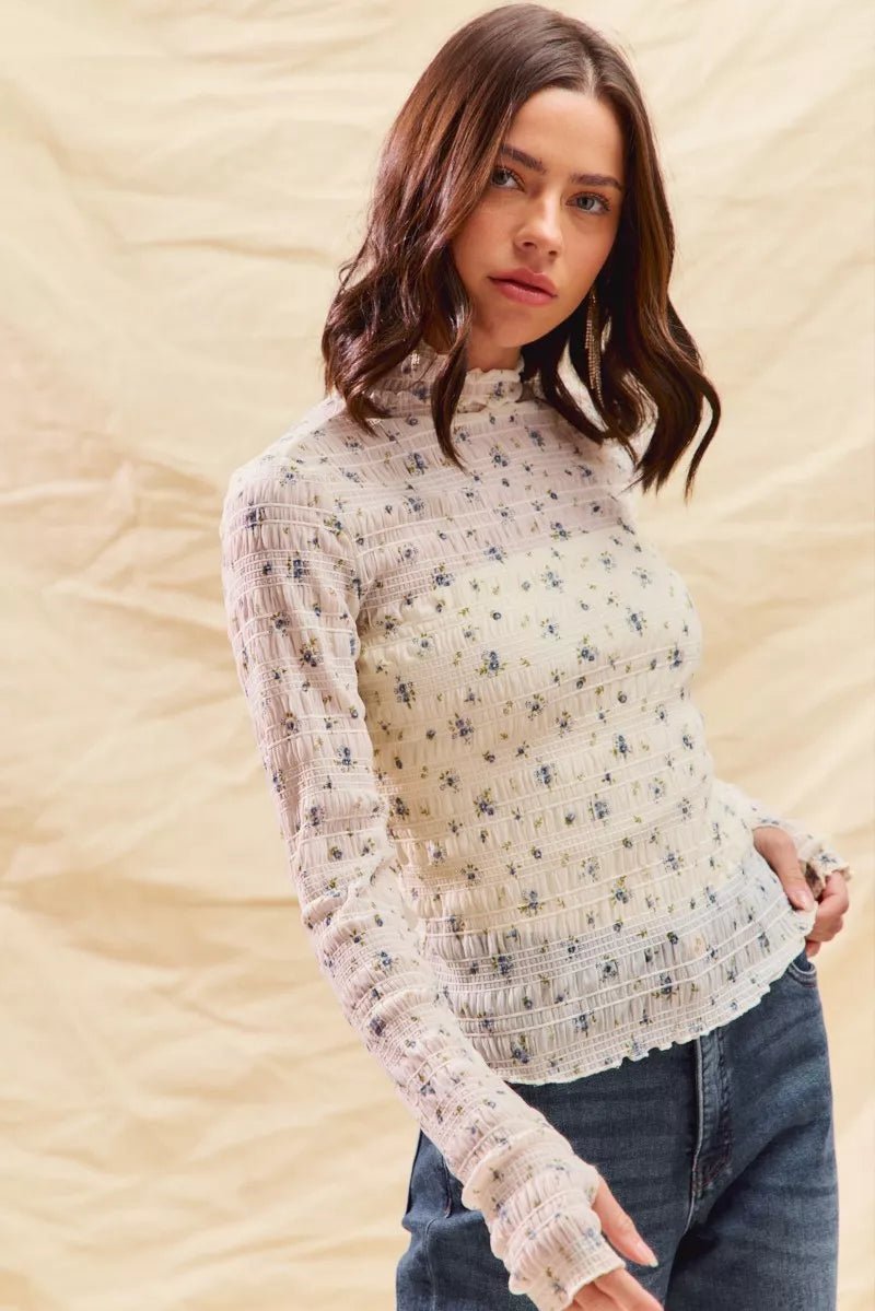 SO ME Floral Print Textured Long Sleeve Knit Top - PBNJ FASHIONS