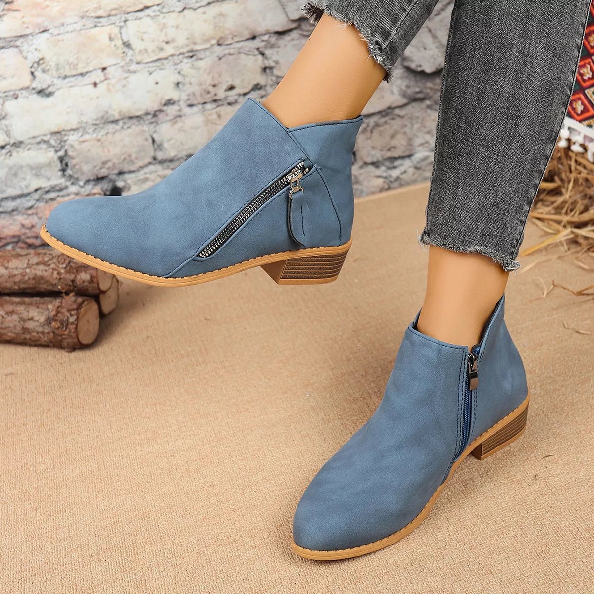Chic Zip-Up Ankle Boots: Comfortable and Stylish with Block Heels for Effortless Fashion Statements - Blue-36