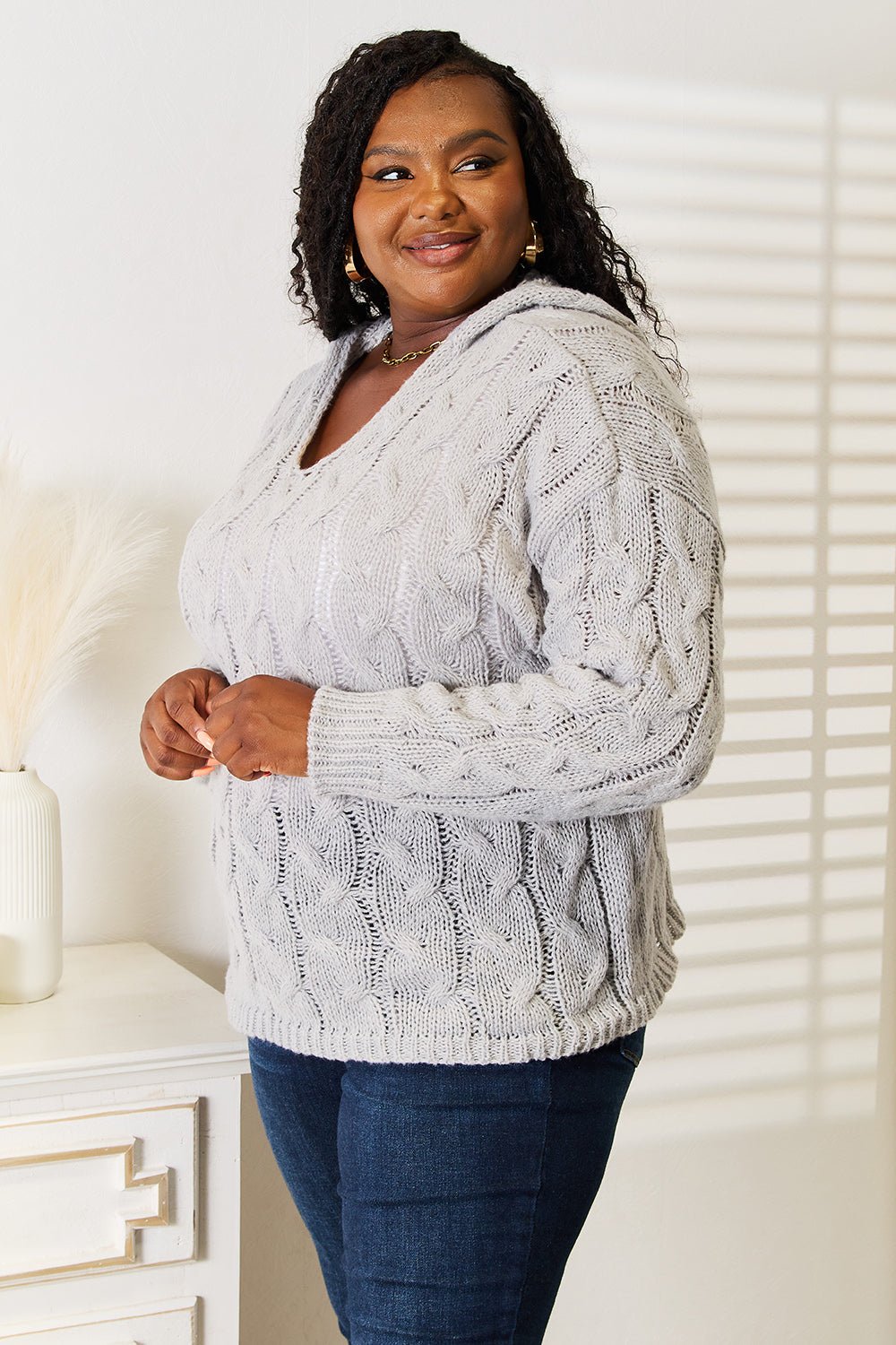 Woven Right Cable - Knit Hooded Sweater - PBNJ FASHIONS