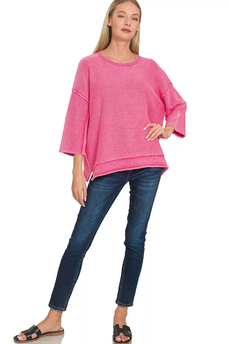 Zenana Washed 3/4 Sleeve Boxy Sweater - PBNJ FASHIONS
