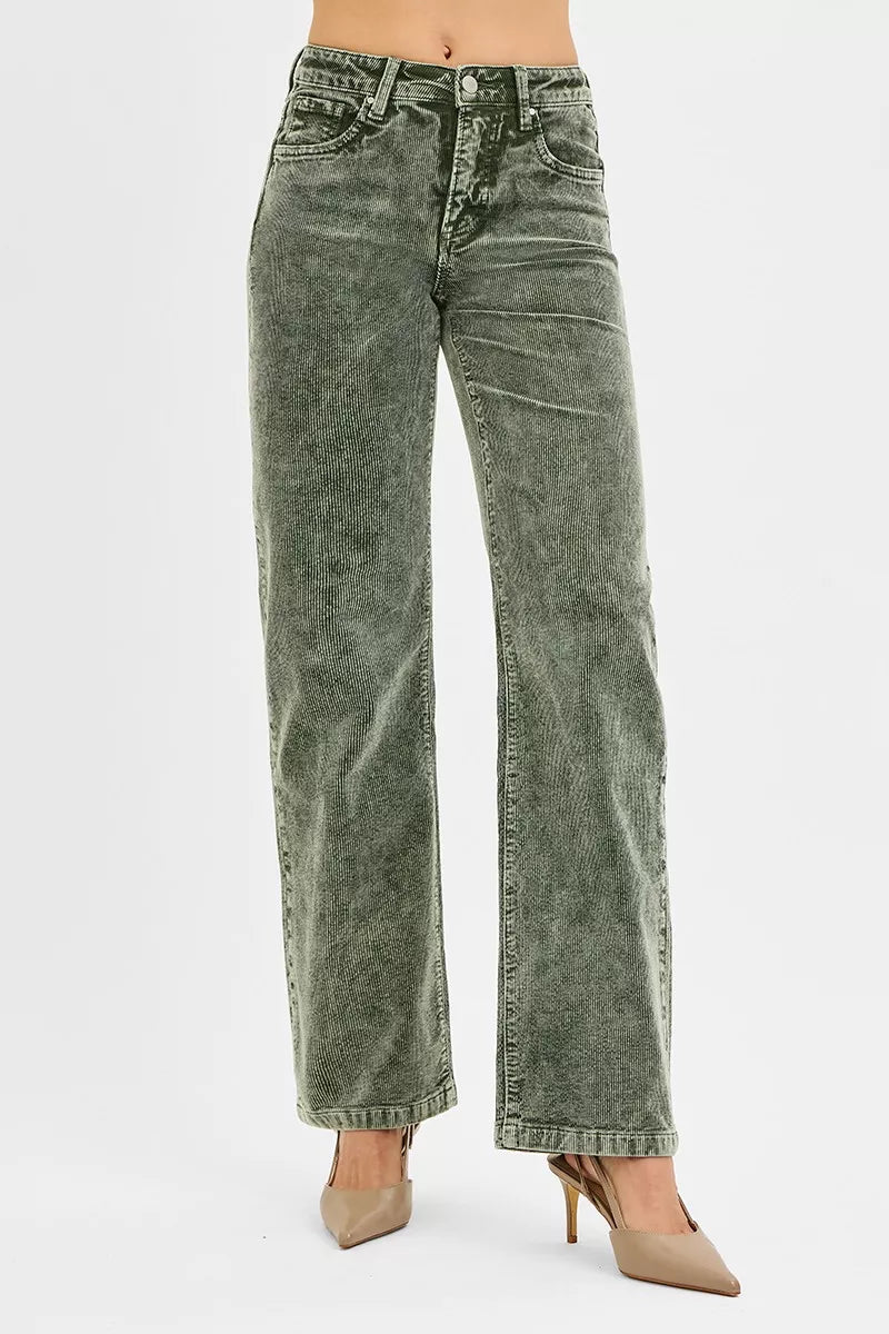 RISEN Tummy Control Mid Rise Straight Leg Corduroy Pants - PBNJ FASHIONS