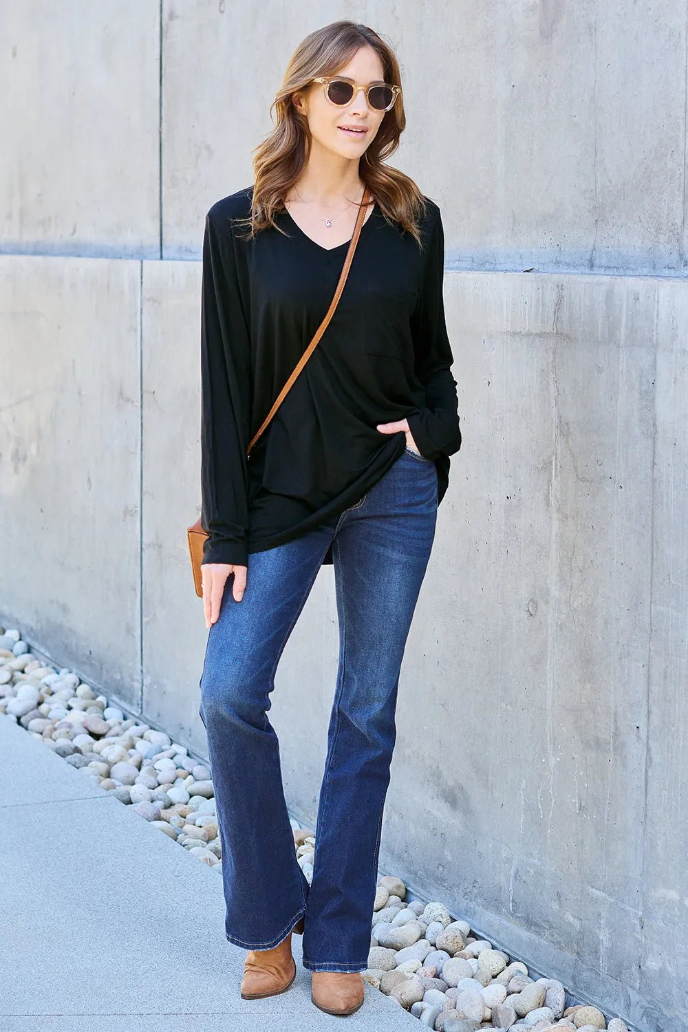 Basic Bae Full Size V - Neck Long Sleeve Top - PBNJ FASHIONS