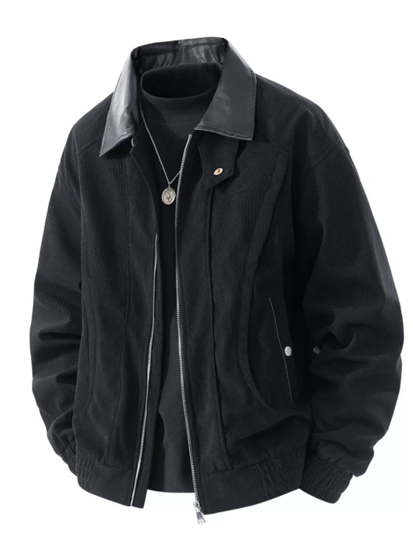 Men's Plus Size Zip Up Corduroy Jacket with Leather Collar - PBNJ FASHIONS