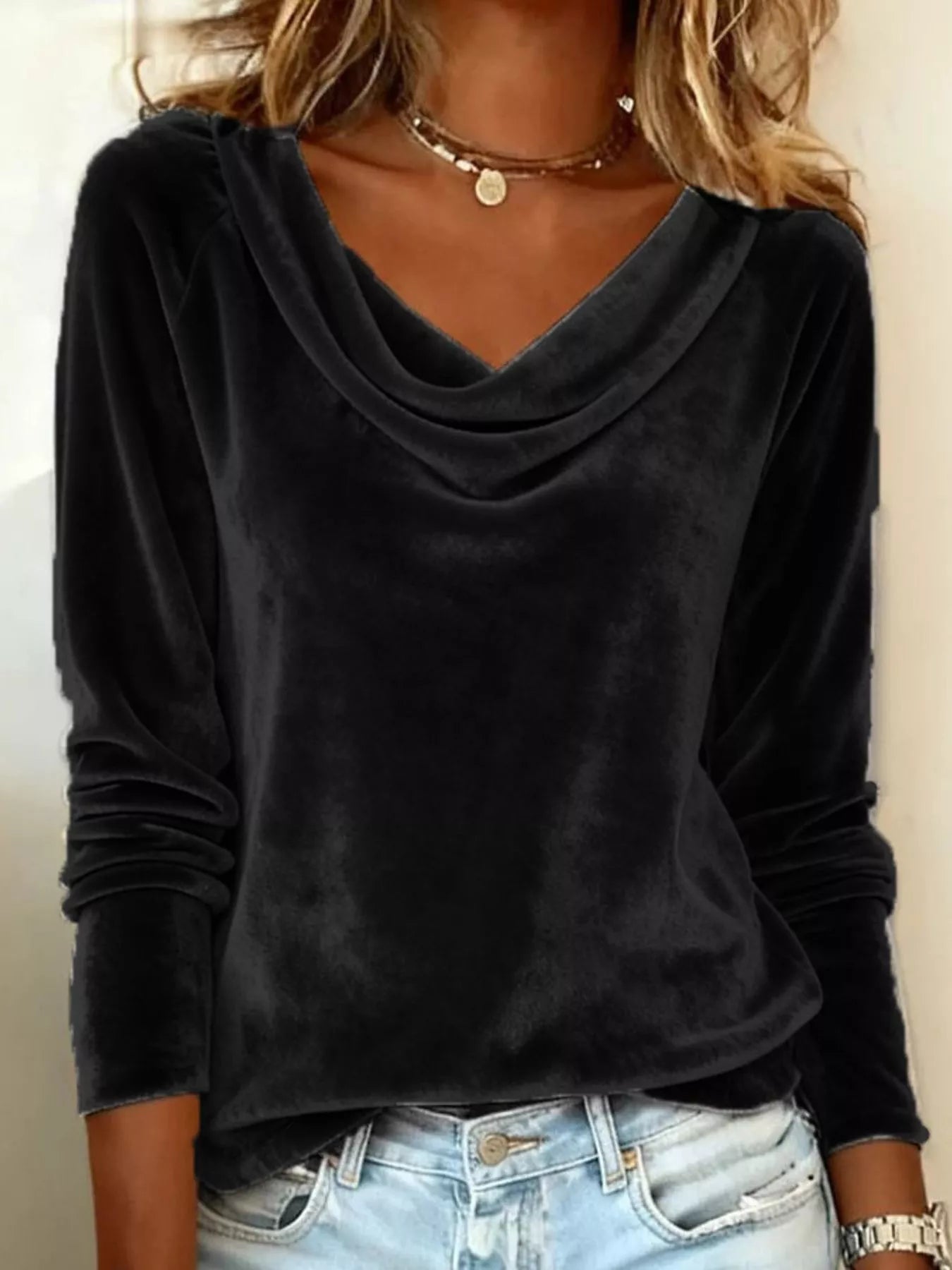 Velvet Cowl Neck Long Sleeve T-Shirt - PBNJ FASHIONS