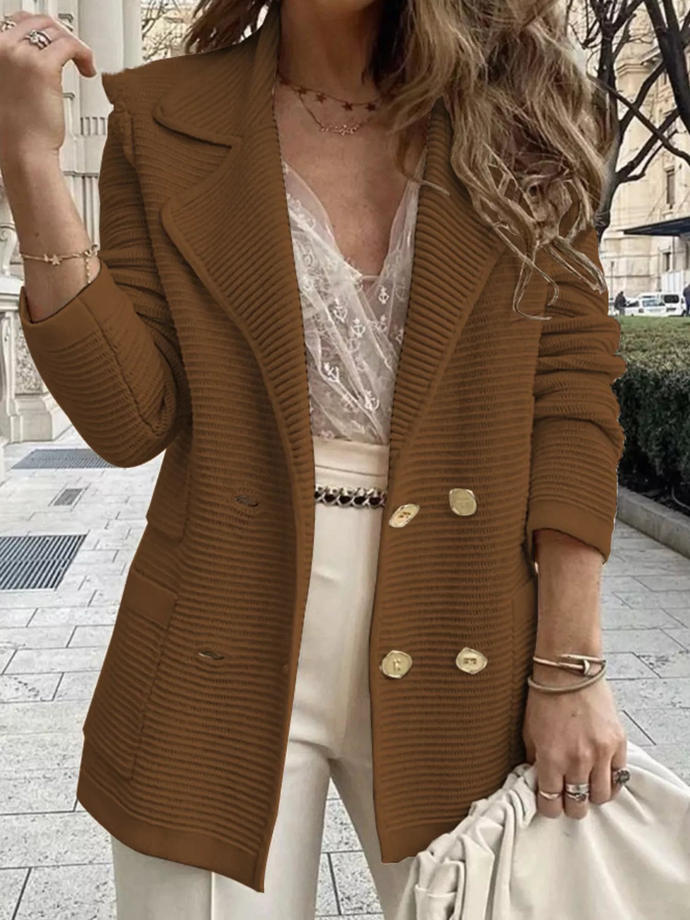 Texture Knit Double - Breasted Blazer - PBNJ FASHIONS