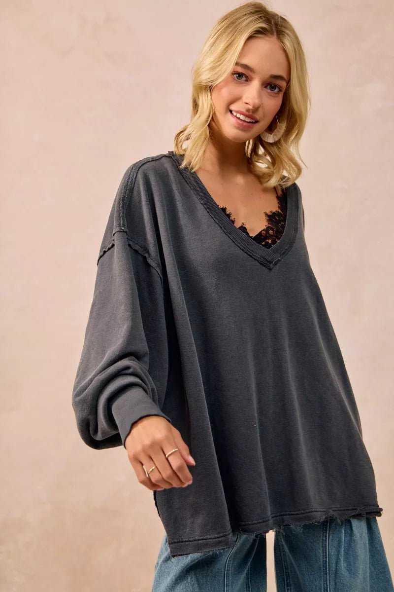 BiBi Mineral Washed French Terry Oversized Sweatshirt - PBNJ FASHIONS