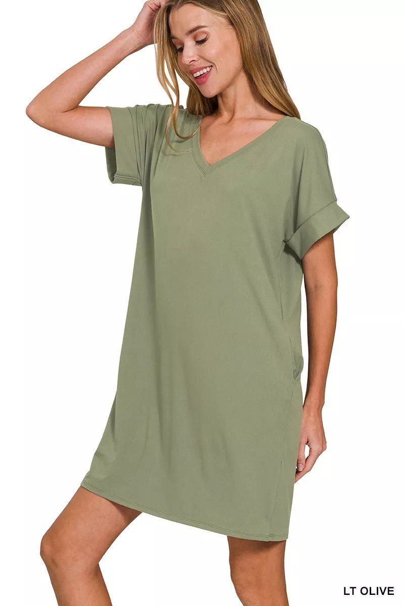 Zenana Brushed Dty Rolled Short Sleeve V - Neck Dress - PBNJ FASHIONS
