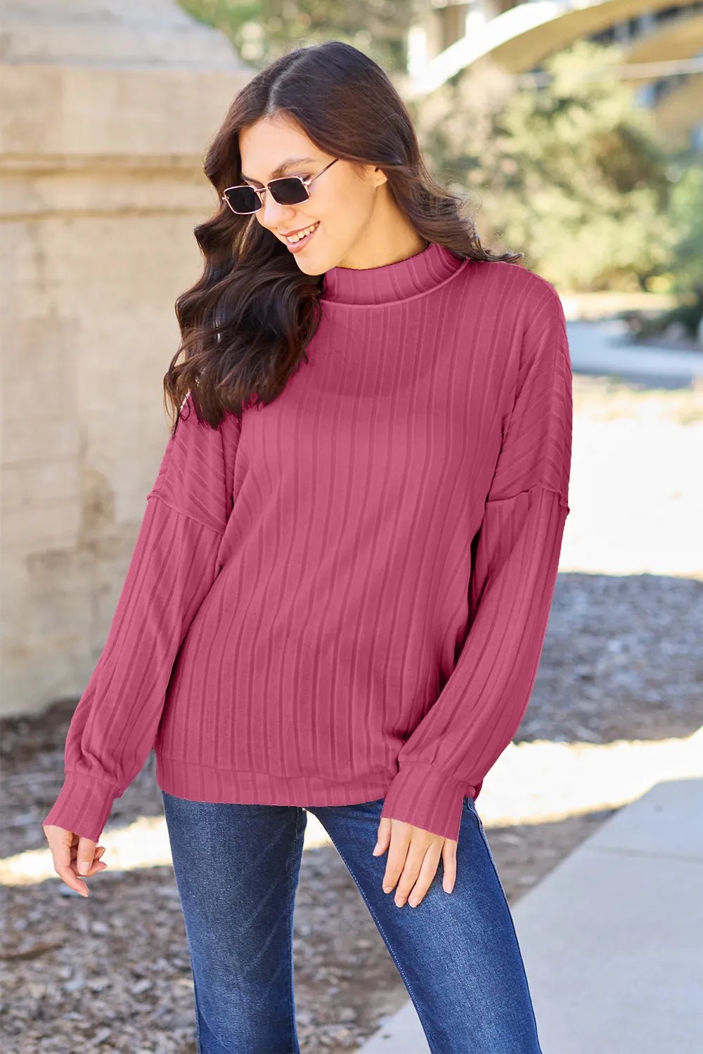 Basic Bae Full Size Ribbed Exposed Seam Mock Neck Knit Top - PBNJ FASHIONS