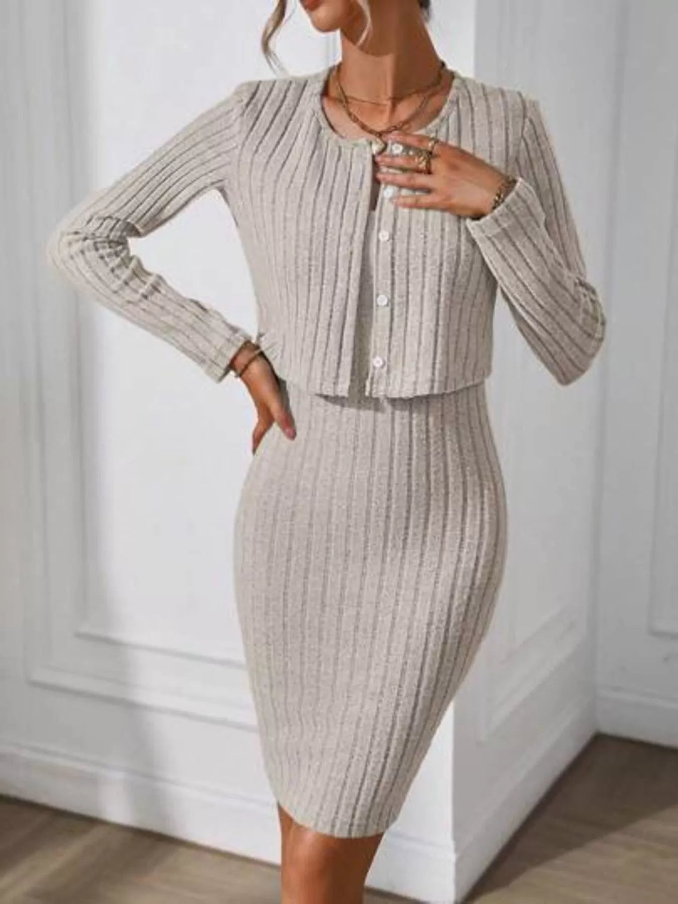 Ribbed Knit Bodycon Cami Dress with Cardigan - PBNJ FASHIONS