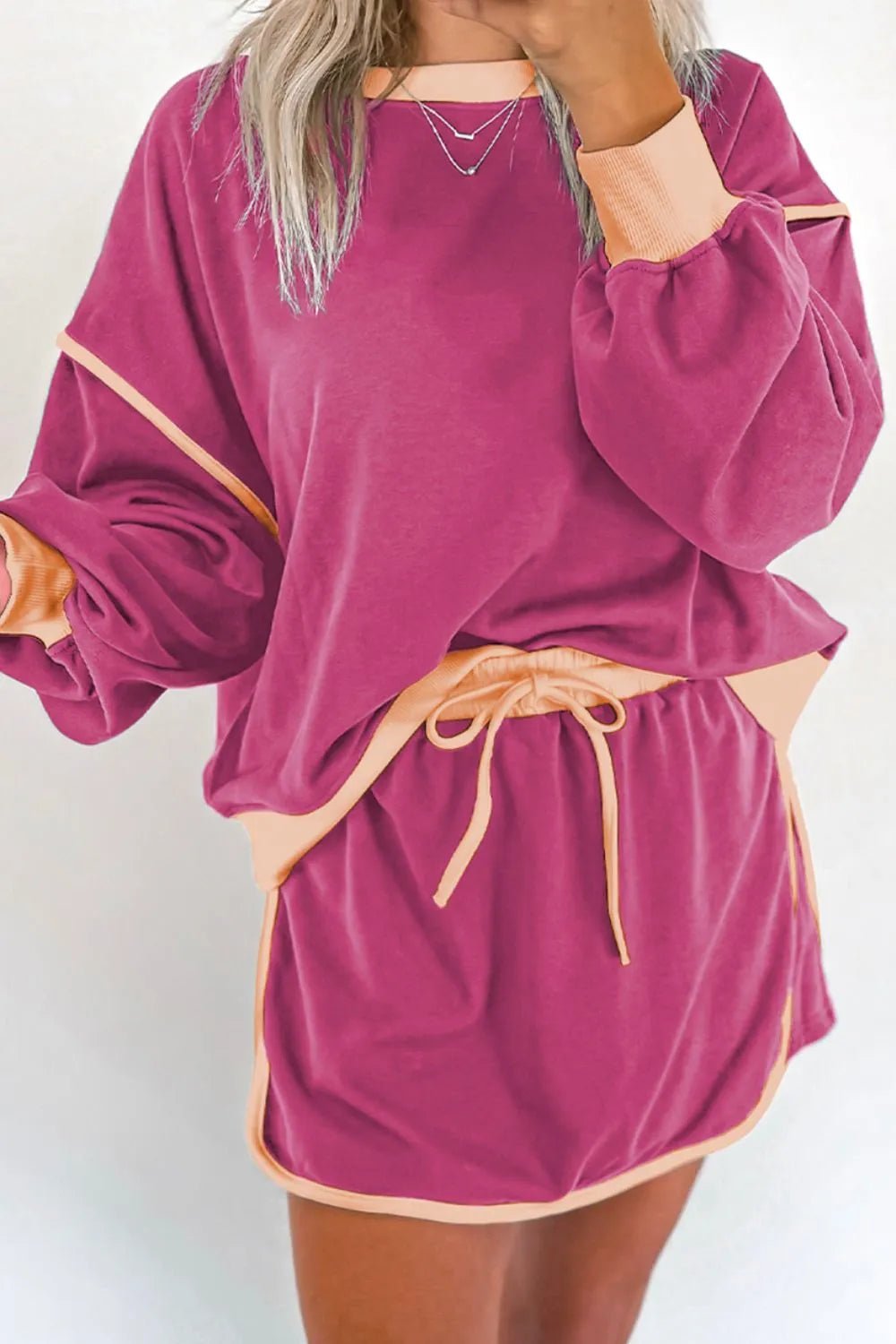 Contrast Trim Round Neck Top and Skort Set - PBNJ FASHIONS