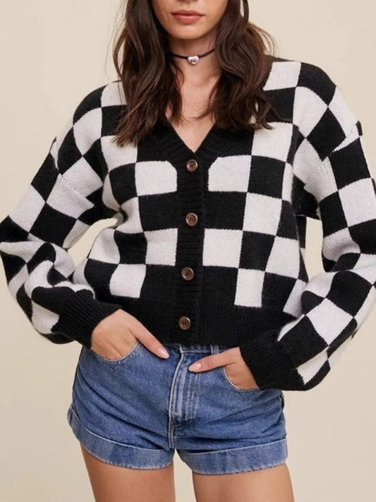 Checkerboard Pattern Button - Down Cardigan - PBNJ FASHIONS