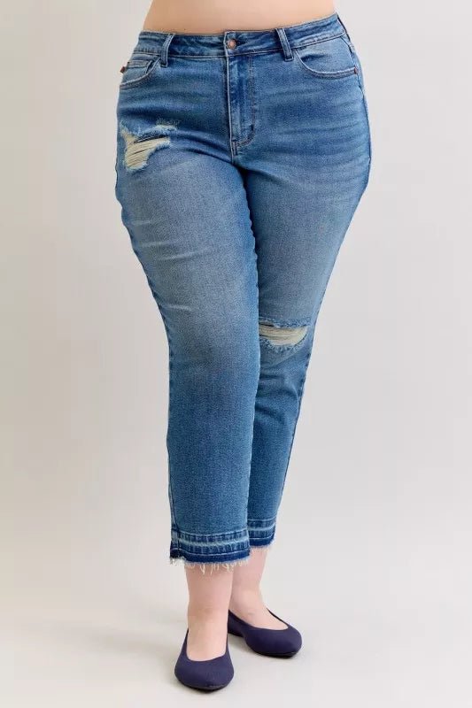 Judy Blue Full Size Mid Rise Bf Patch & Repair Destroy Release Hem Jeans Plus Size - PBNJ FASHIONS