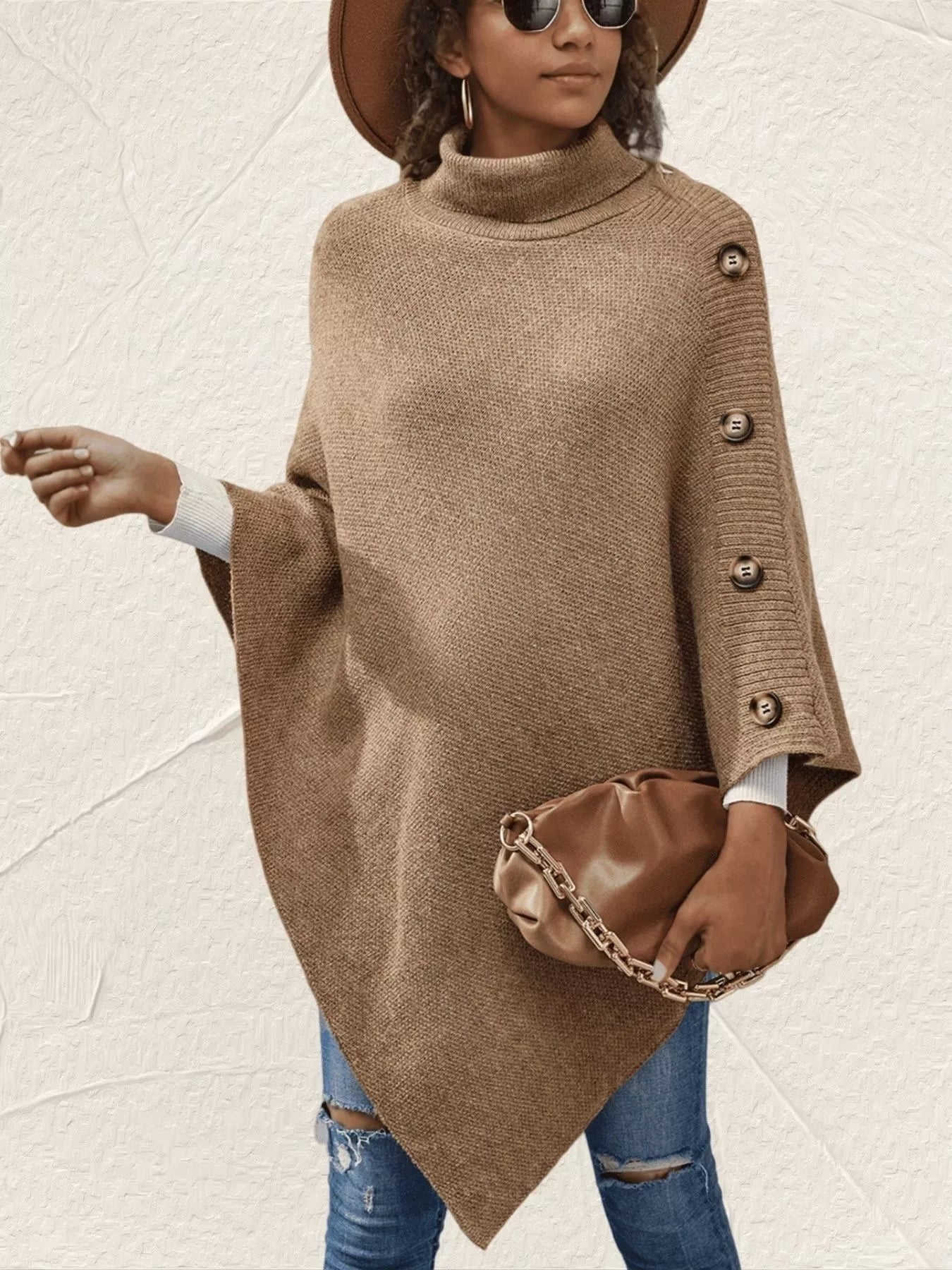 Button - Decor Turtleneck Poncho Pullover - PBNJ FASHIONS