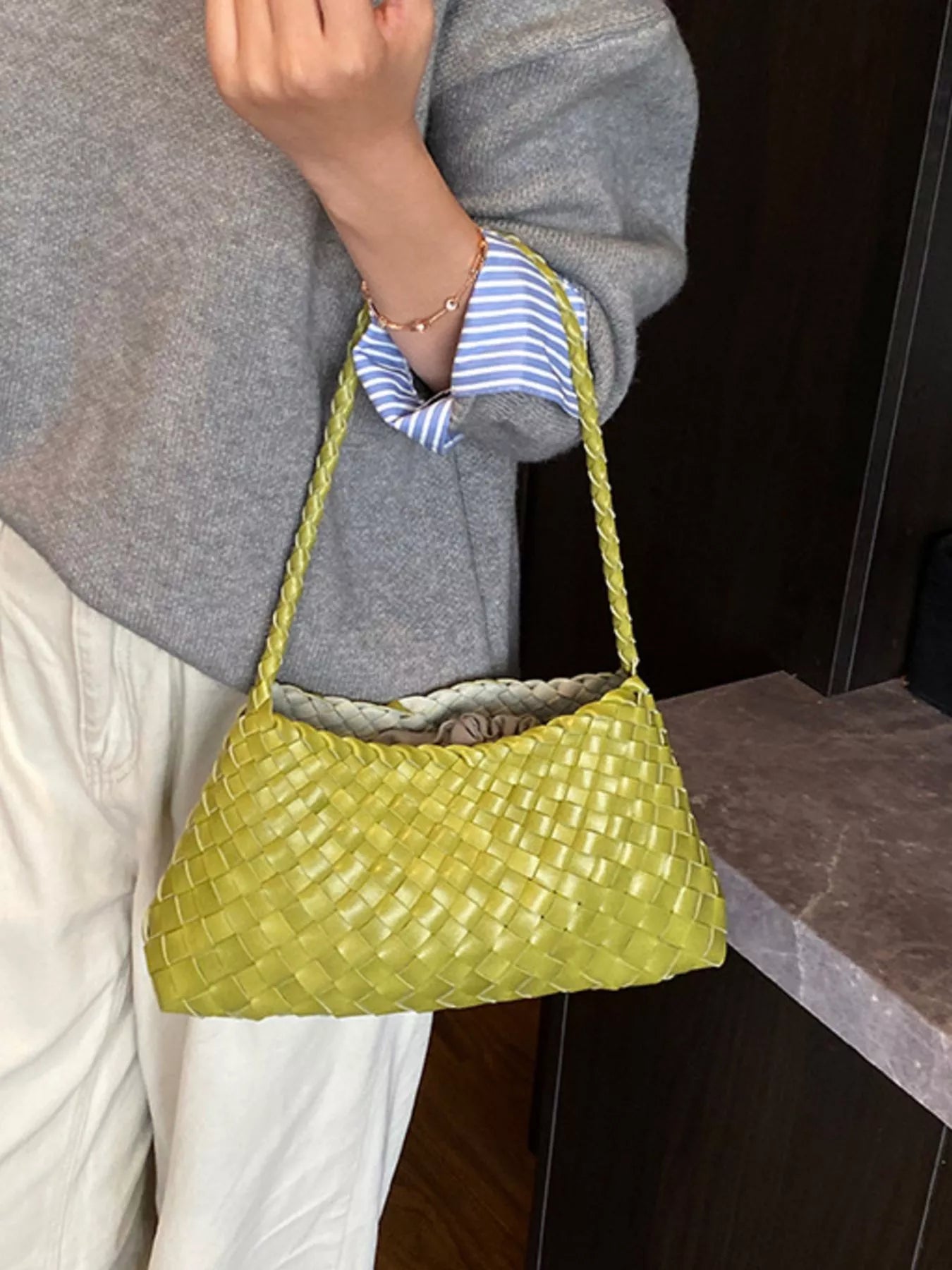 Sleek Stylish Pleather Drawstring Shoulder Bag - Elegant and versatile design - Mustard Green-onesize- - PBNJ FASHIONS