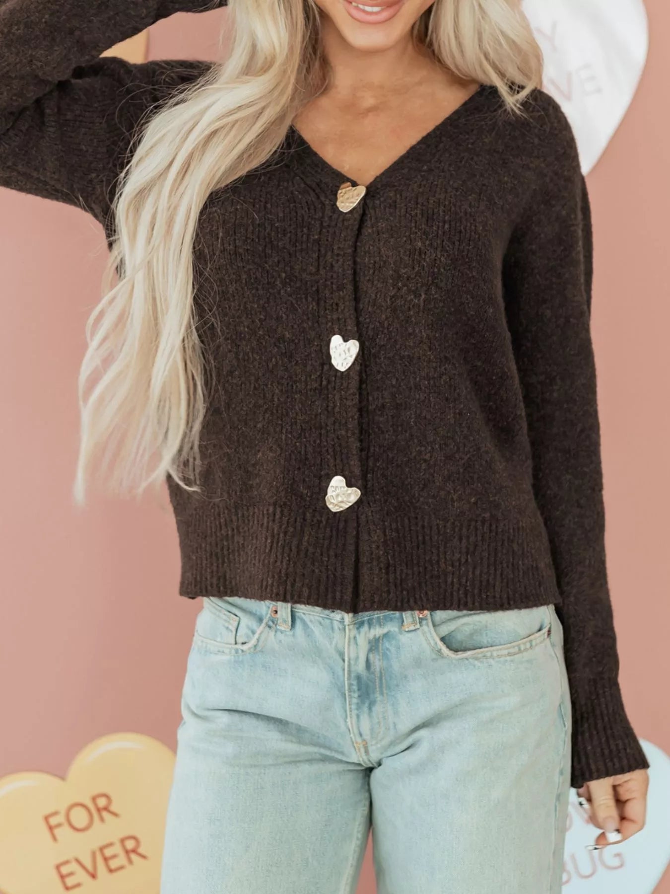 Heart Metal Button V Neck Cardigan Sweater - PBNJ FASHIONS