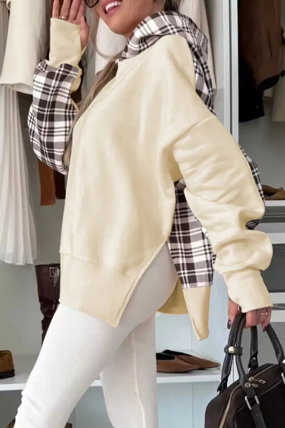 Plaid Side Slit Long Sleeve Hoodie - PBNJ FASHIONS