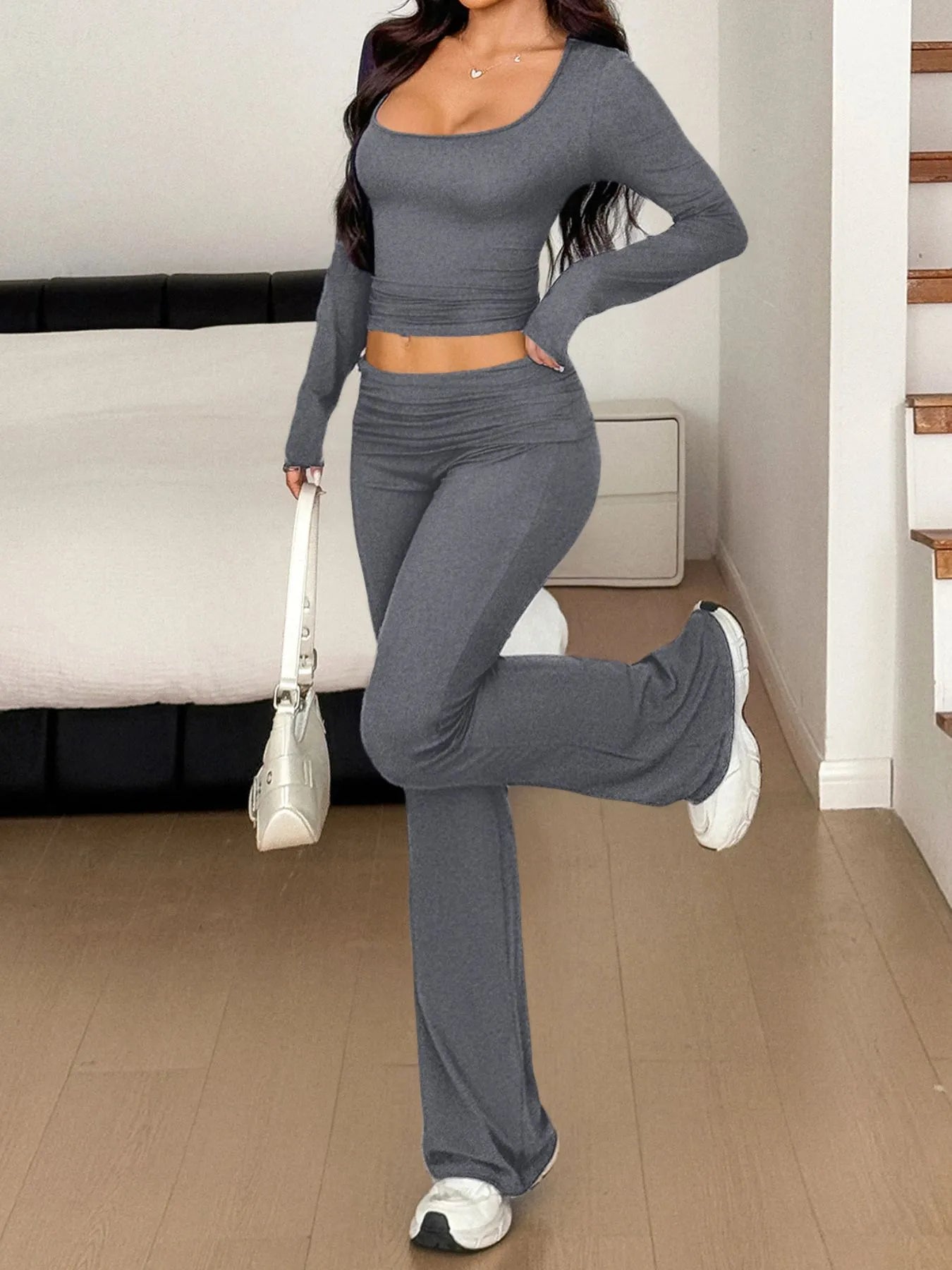 Long Sleeve Crop Top and Bootcut Pants Set - PBNJ FASHIONS