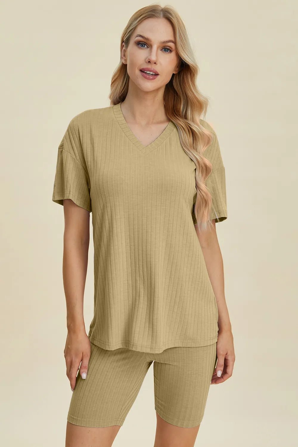 Basic Bae Full Size Ribbed V - Neck Short Sleeve Top and Shorts Set - PBNJ FASHIONS