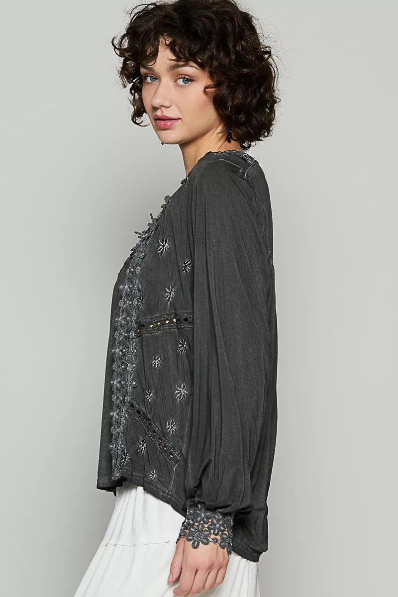 POL Floral Embroidery Woven Top with Lace Trim - PBNJ FASHIONS
