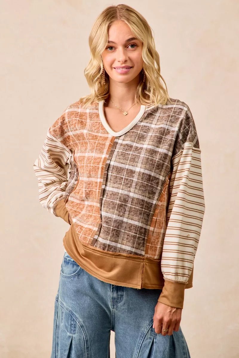 BiBi Plaid And Stripe Mix And Match Top With Open Seam - PBNJ FASHIONS