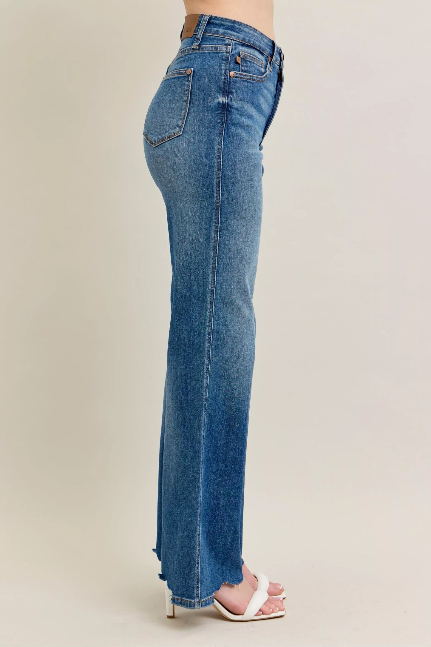 Judy Blue Full Size High Waist Tummy Control Chew Hem Destroy Wide Jeans Plus Size - PBNJ FASHIONS