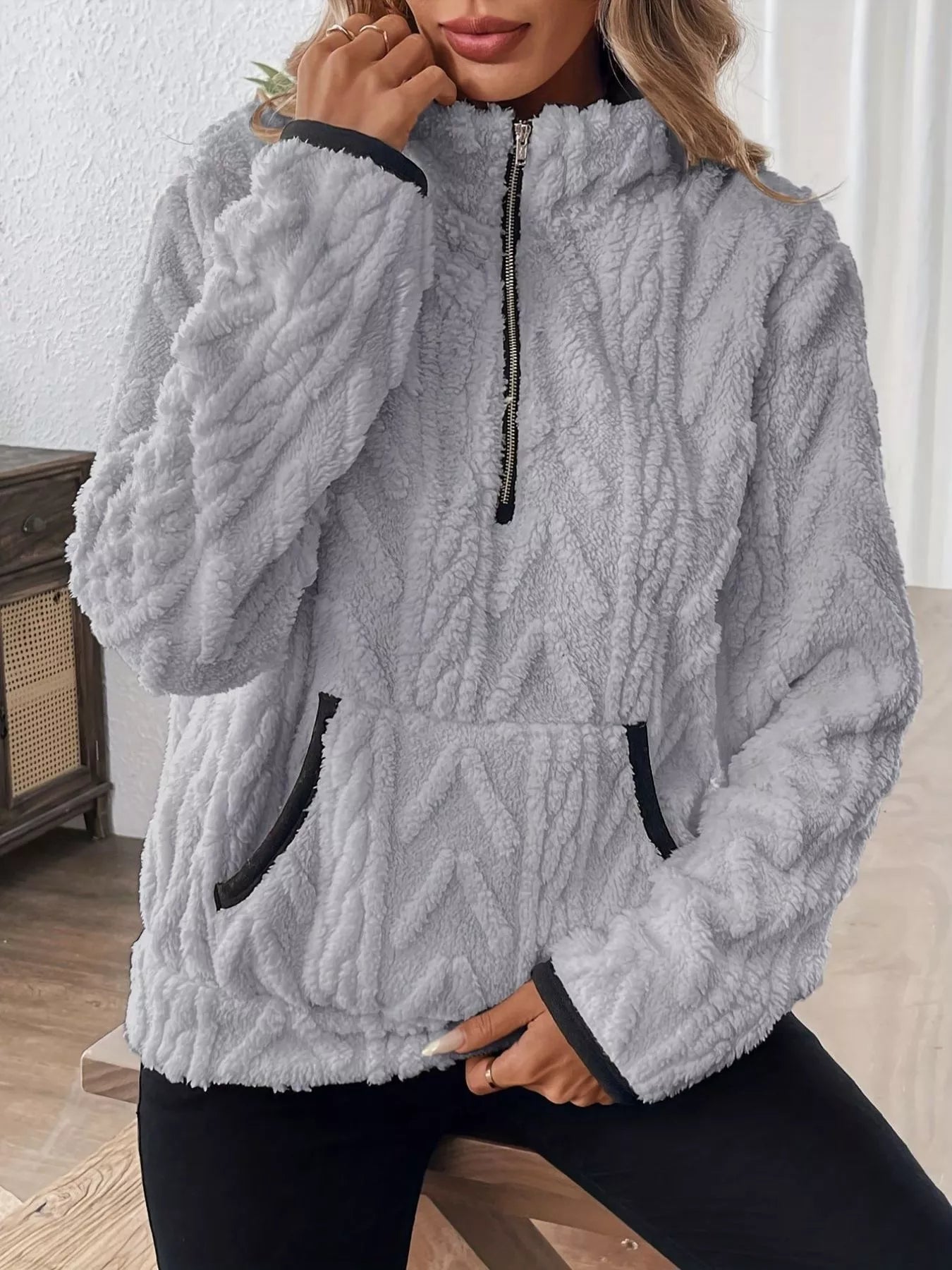 Full Size Half Zip Kangaroo Pocket Sweatshirt Plus Size - PBNJ FASHIONS