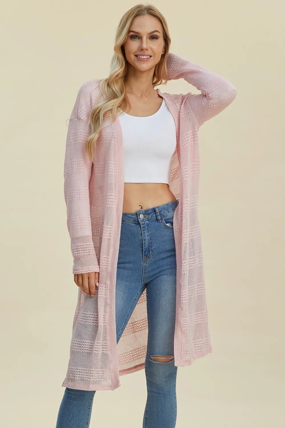 Double Take Full Size Open Front Longline Cardigan - PBNJ FASHIONS