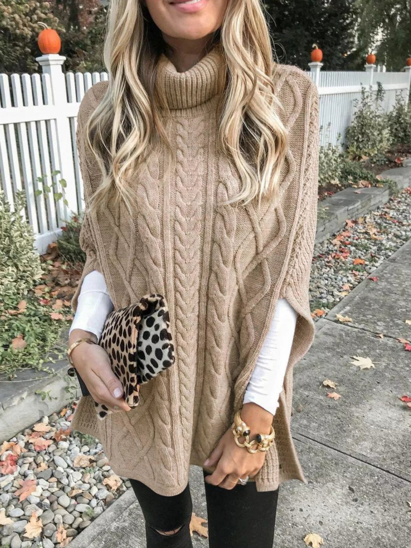 Chunky Cable Knit Turtleneck Poncho Cover Up - PBNJ FASHIONS