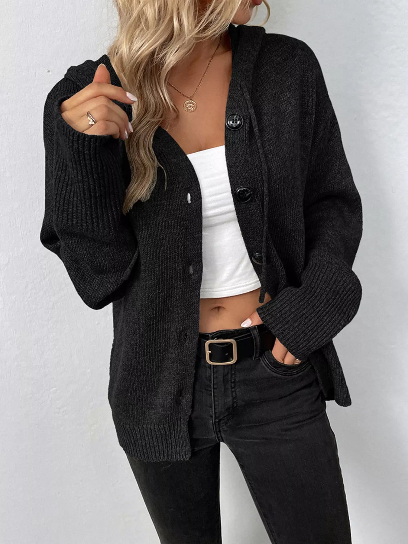 Full Size Cozy Knit Hooded Button - Down Cardigan Plus Size - PBNJ FASHIONS