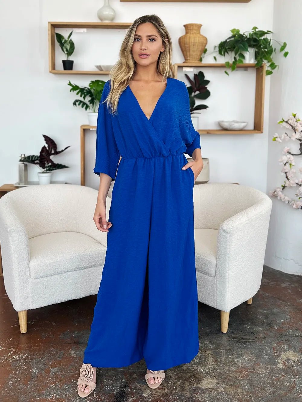 Double Take Full Size Surplice Wide Leg Jumpsuit with Pockets - PBNJ FASHIONS