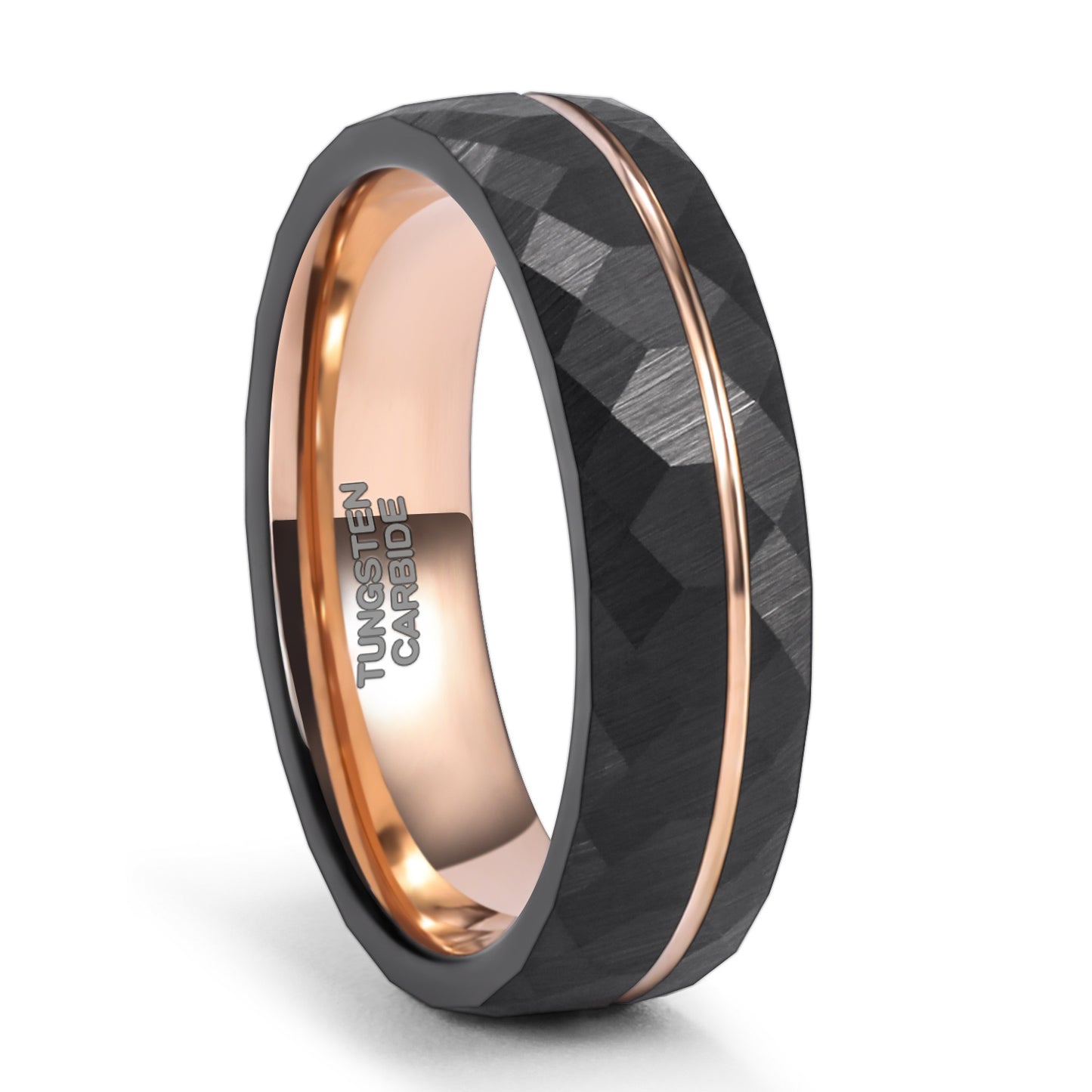 1pc 6mm (0.24'')/8mm (0.31'') Fashion Inlaid Rose Golden Wire Black Rhombic Men's Tungsten Steel Ring
